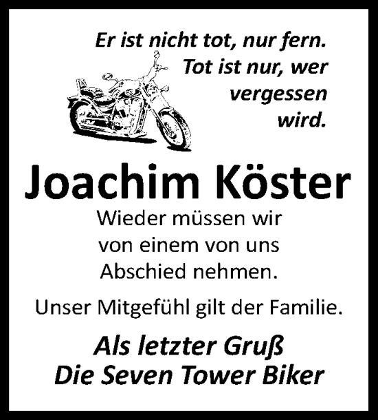 Traueranzeige von Joachim Köster von Lübecker Nachrichten