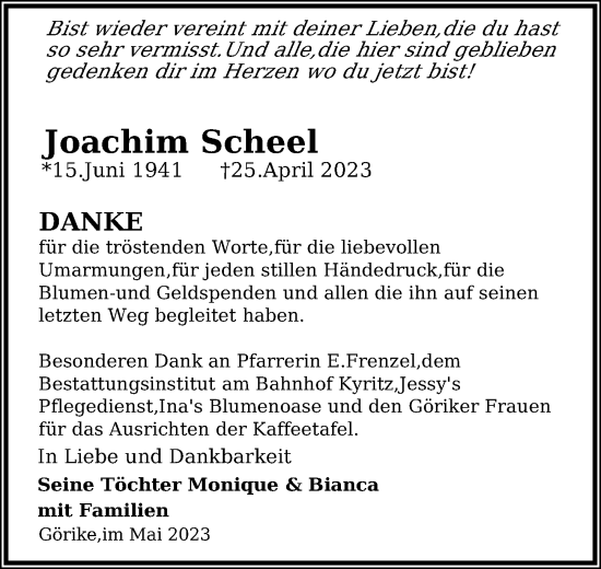 Traueranzeige von Joachim Scheel von Märkischen Allgemeine Zeitung