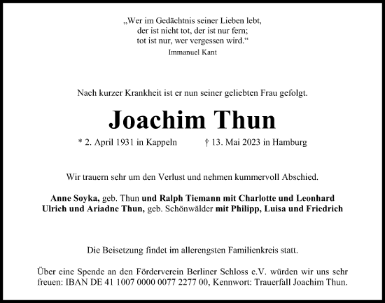 Traueranzeige von Joachim Thun von Kieler Nachrichten