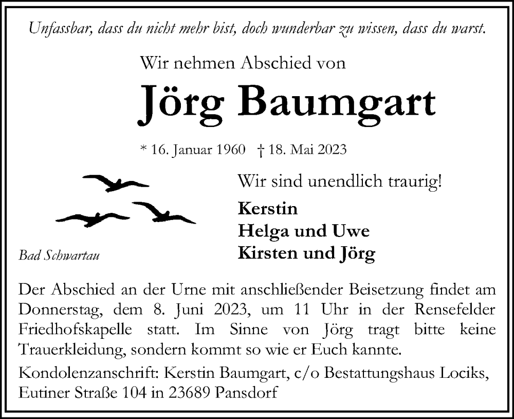  Traueranzeige für Jörg Baumgart vom 28.05.2023 aus Lübecker Nachrichten