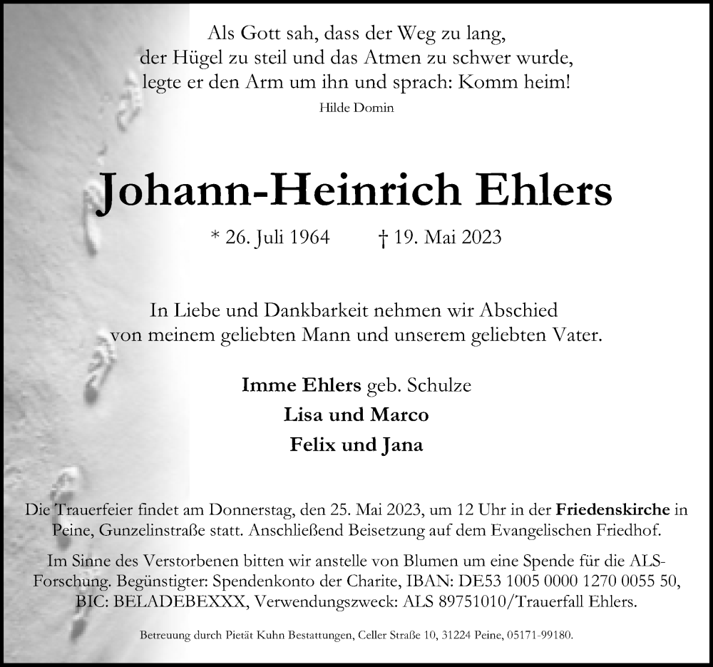  Traueranzeige für Johann-Heinrich Ehlers vom 23.05.2023 aus Peiner Allgemeine Zeitung