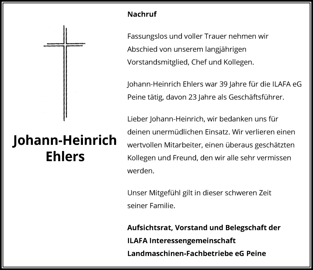  Traueranzeige für Johann-Heinrich Ehlers vom 27.05.2023 aus Peiner Allgemeine Zeitung