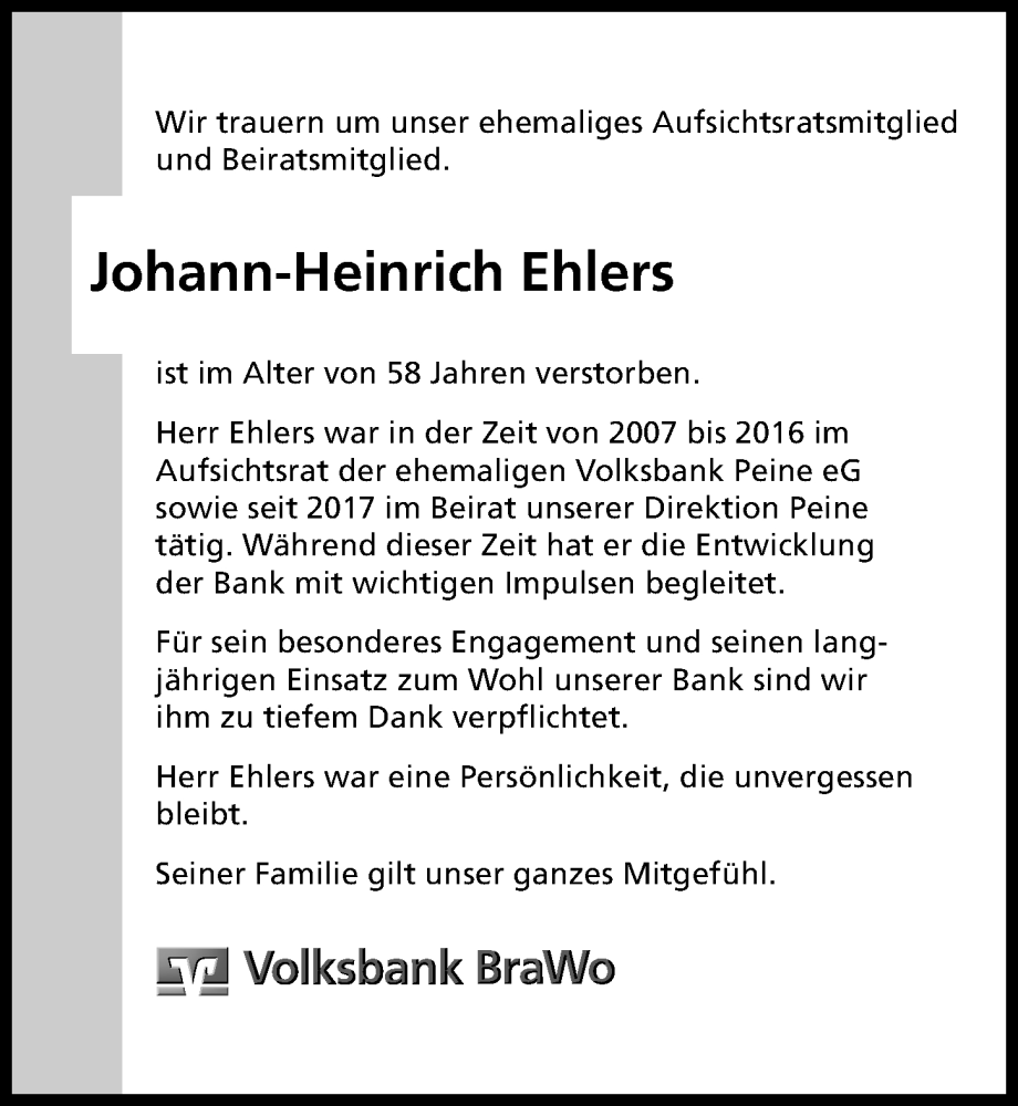  Traueranzeige für Johann-Heinrich Ehlers vom 27.05.2023 aus Peiner Allgemeine Zeitung