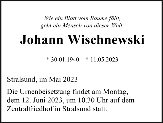 Traueranzeige von Johann Wischnewski von Ostsee-Zeitung GmbH