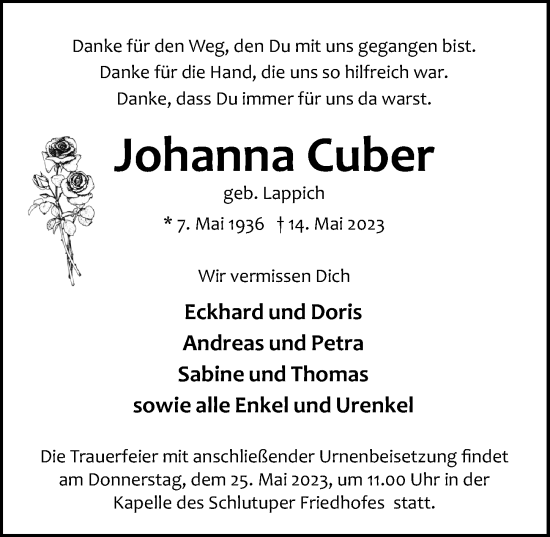 Traueranzeige von Johanna Cuber von Lübecker Nachrichten