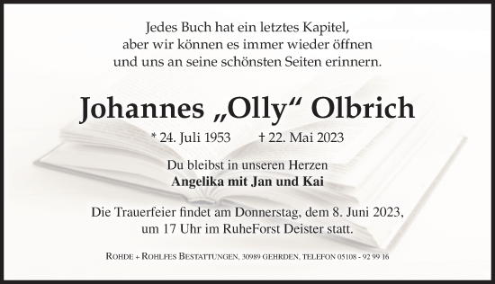 Traueranzeige von Johannes Olbrich von Hannoversche Allgemeine Zeitung/Neue Presse