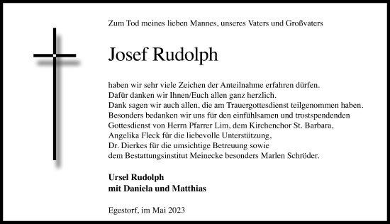 Traueranzeige von Josef Rudolph von Hannoversche Allgemeine Zeitung/Neue Presse
