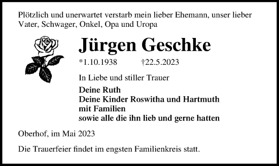 Traueranzeige von Jürgen Geschke von Ostsee-Zeitung GmbH