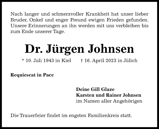 Traueranzeige von Jürgen Johnsen von Kieler Nachrichten