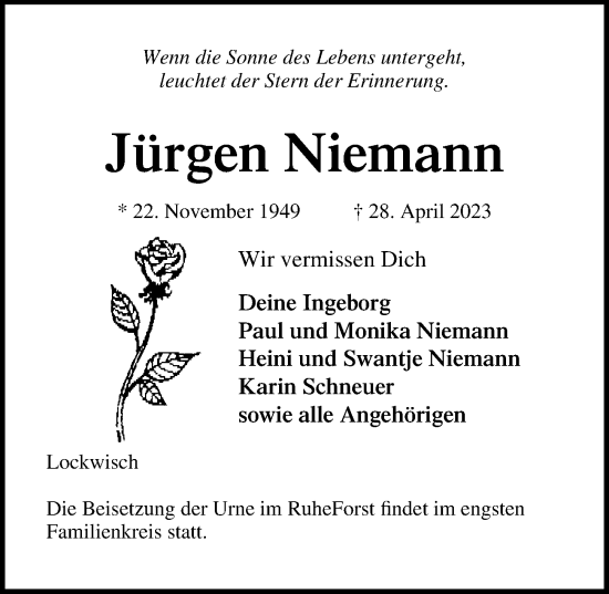 Traueranzeige von Jürgen Niemann von Lübecker Nachrichten