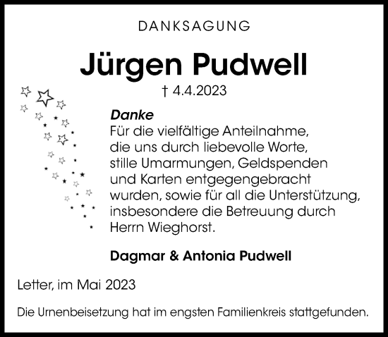 Traueranzeige von Jürgen Pudwell von Hannoversche Allgemeine Zeitung/Neue Presse