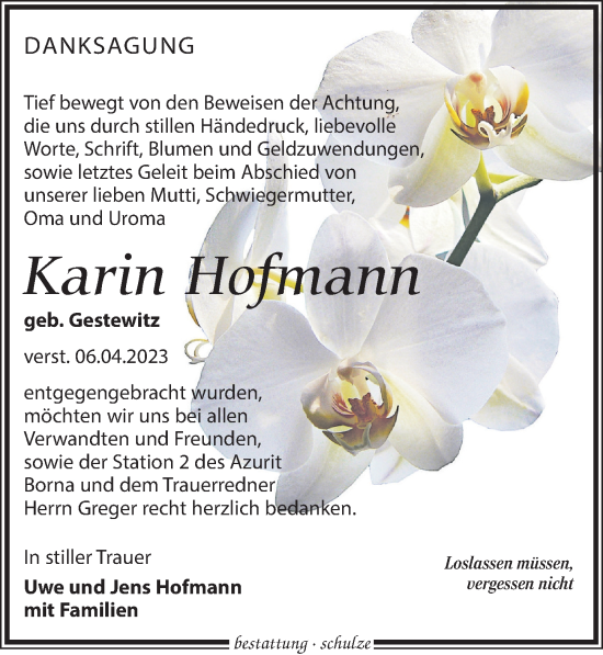 Traueranzeige von Karin Hofmann von Leipziger Volkszeitung