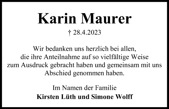 Traueranzeige von Karin Maurer von Kieler Nachrichten