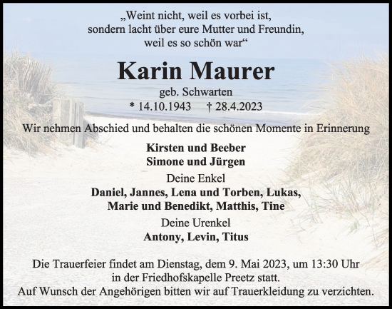 Traueranzeige von Karin Maurer von Kieler Nachrichten