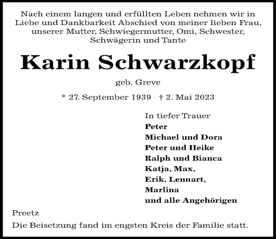 Traueranzeige von Karin Schwarzkopf von Kieler Nachrichten