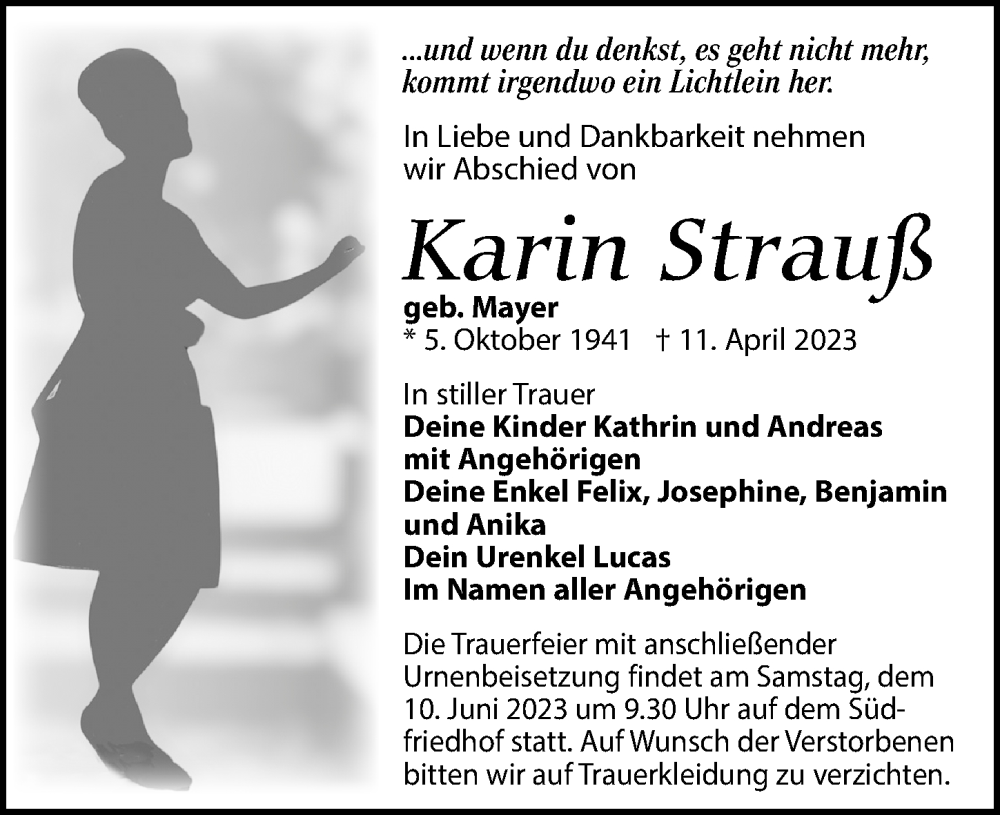 Traueranzeige für Karin Strauß vom 20.05.2023 aus Leipziger Volkszeitung