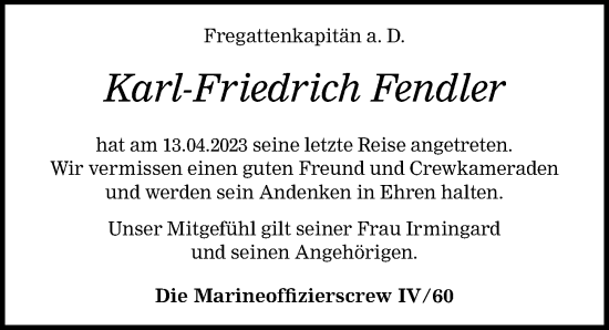 Traueranzeige von Karl-Friedrich Fendler von Lübecker Nachrichten