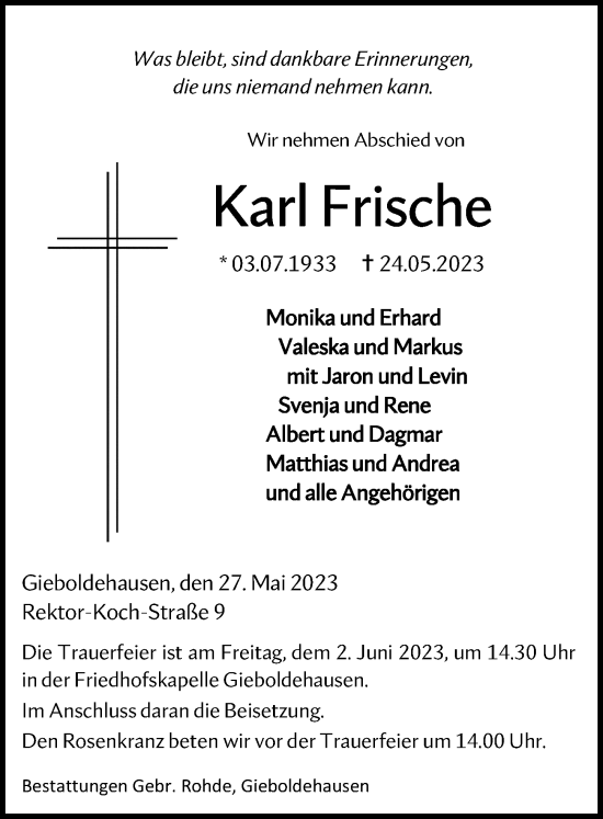 Traueranzeige von Karl Frische von Eichsfelder Tageblatt
