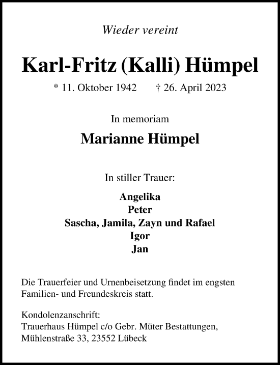 Traueranzeige von Karl-Fritz Hümpel von Lübecker Nachrichten