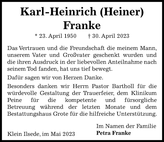 Traueranzeige von Karl-Heinrich Franke von Peiner Allgemeine Zeitung