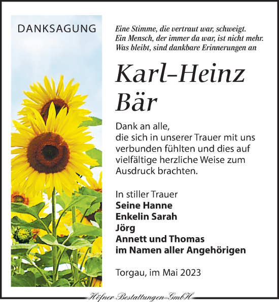 Traueranzeige von Karl-Heinz Bär von Torgauer Zeitung