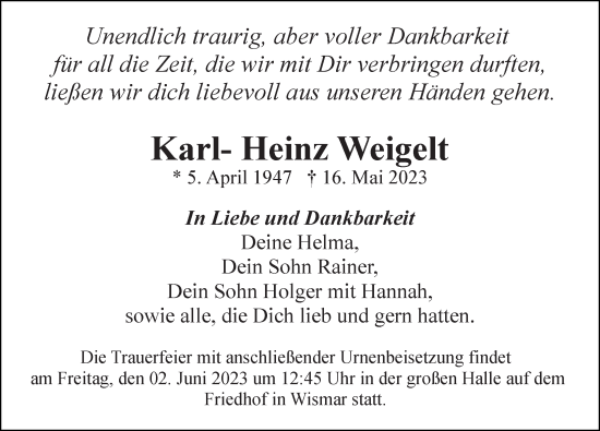 Traueranzeige von Karl-Heinz Weigelt von Ostsee-Zeitung GmbH