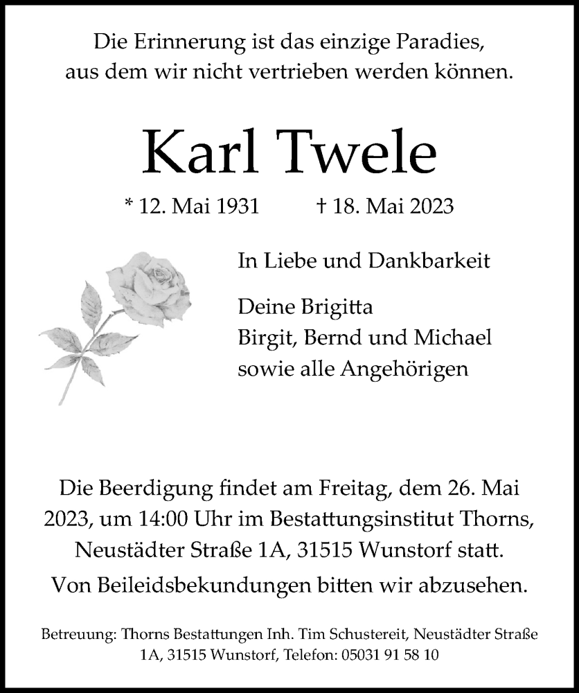  Traueranzeige für Karl Twele vom 25.05.2023 aus Hannoversche Allgemeine Zeitung/Neue Presse