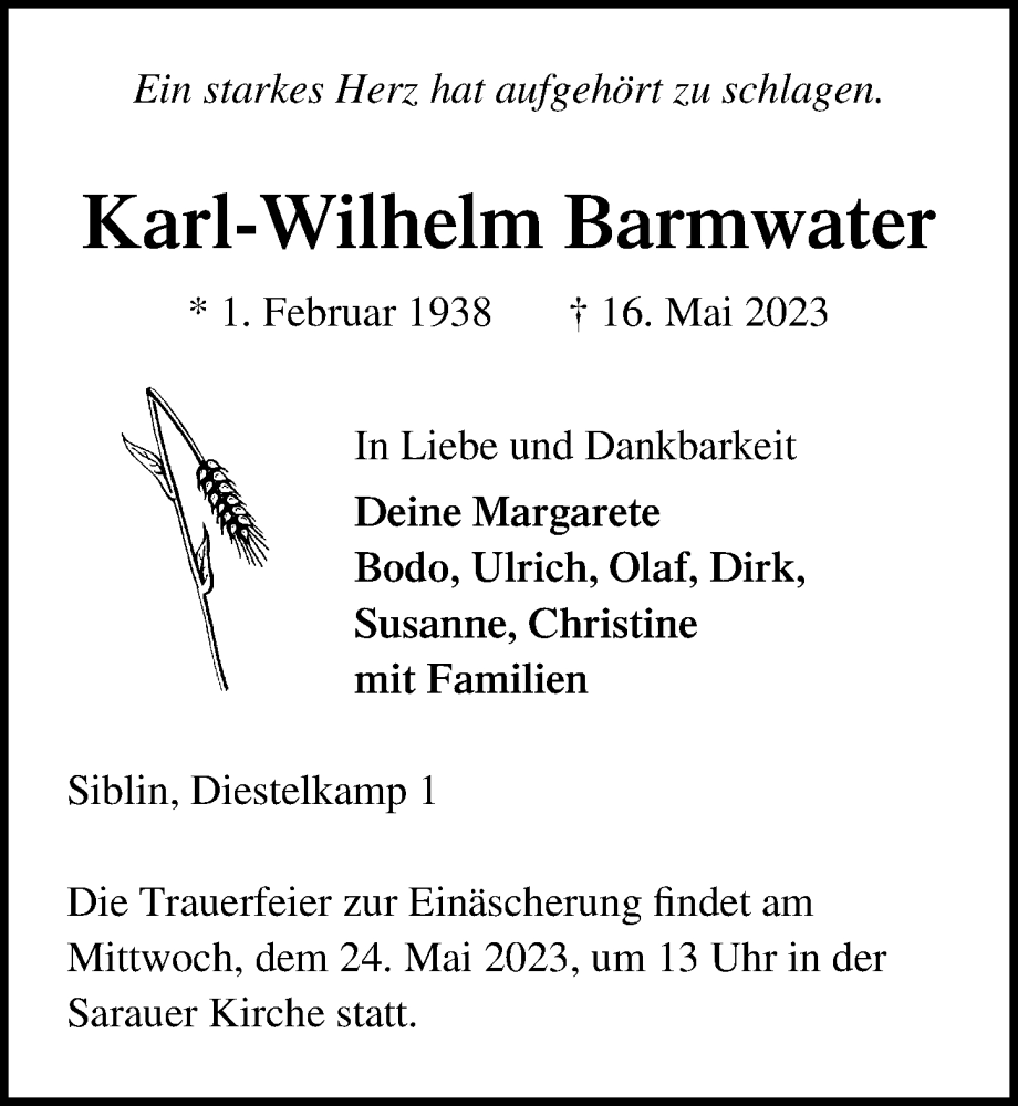  Traueranzeige für Karl-Wilhelm Barmwater vom 21.05.2023 aus Lübecker Nachrichten