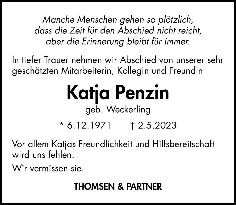  Traueranzeige für Katja Penzin vom 10.05.2023 aus Hannoversche Allgemeine Zeitung/Neue Presse