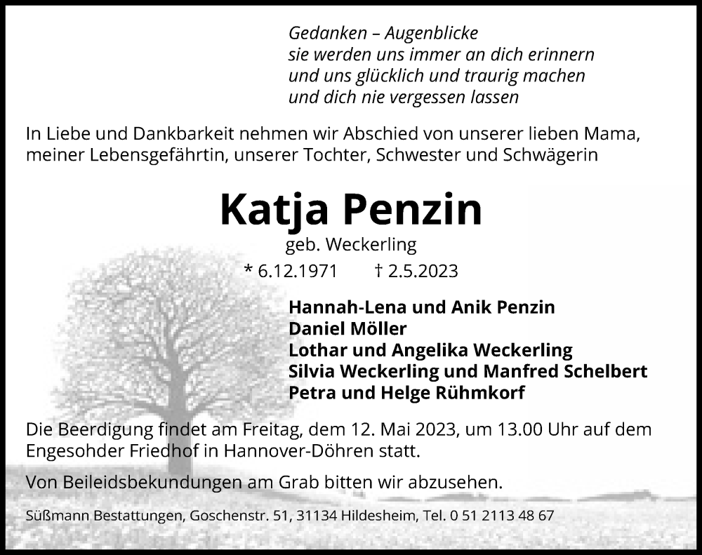  Traueranzeige für Katja Penzin vom 06.05.2023 aus Hannoversche Allgemeine Zeitung/Neue Presse