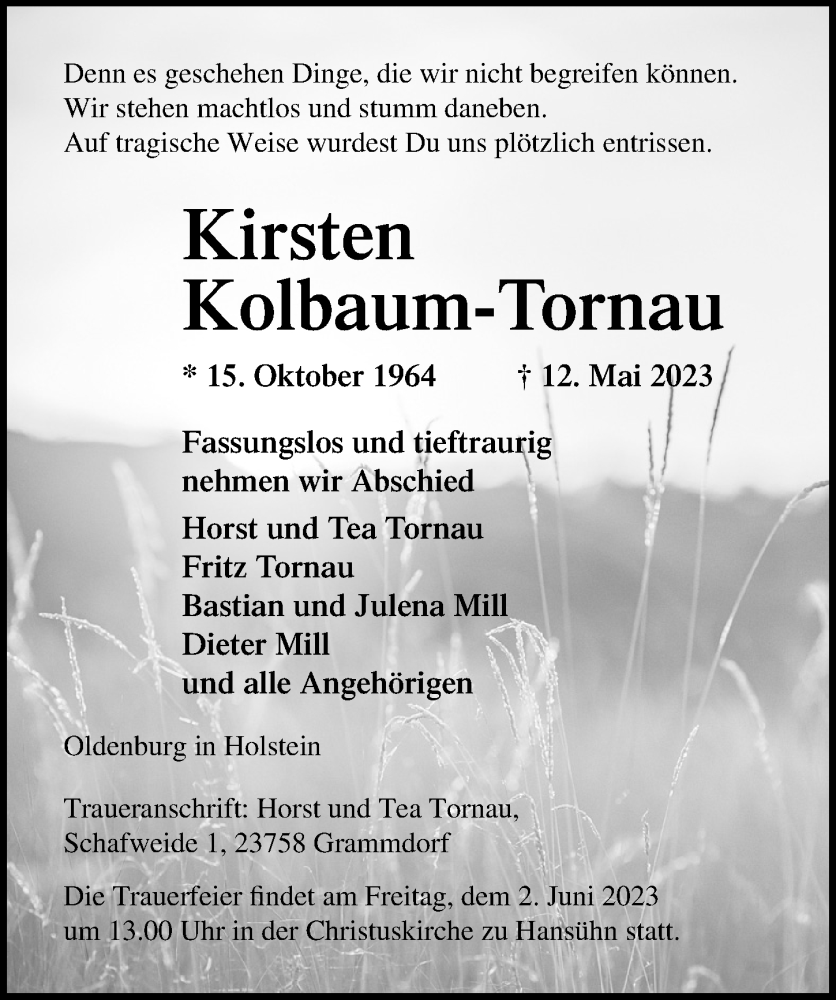  Traueranzeige für Kirsten Kolbaum-Tornau vom 27.05.2023 aus Lübecker Nachrichten