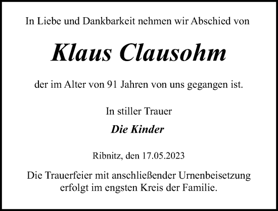 Traueranzeige von Klaus Clausohm von Ostsee-Zeitung GmbH