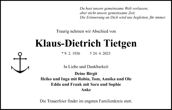 Traueranzeige von Klaus-Dietrich Tietgen von Kieler Nachrichten
