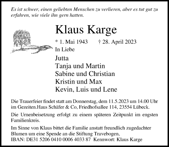 Traueranzeige von Klaus Karge von Lübecker Nachrichten