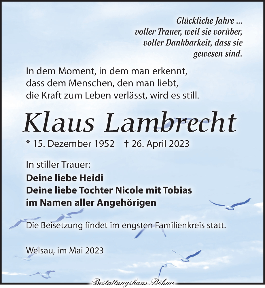  Traueranzeige für Klaus Lambrecht vom 06.05.2023 aus Torgauer Zeitung