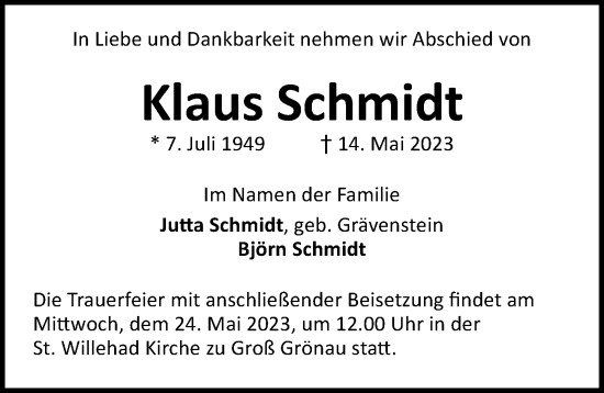 Traueranzeige von Klaus Schmidt von Lübecker Nachrichten
