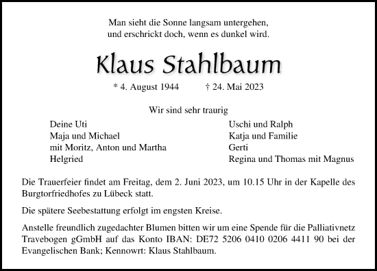 Traueranzeige von Klaus Stahlbaum von Lübecker Nachrichten
