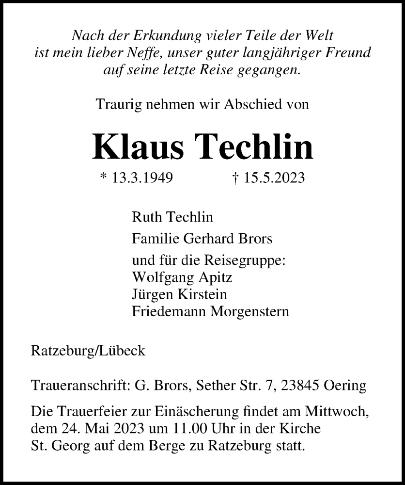  Traueranzeige für Klaus Techlin vom 21.05.2023 aus Lübecker Nachrichten