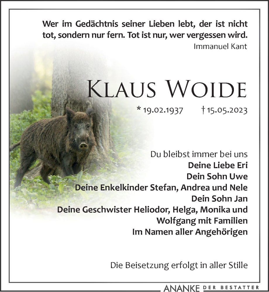  Traueranzeige für Klaus Woide vom 20.05.2023 aus Leipziger Volkszeitung