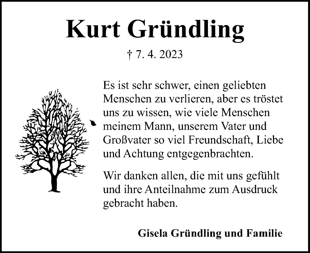  Traueranzeige für Kurt Gründling vom 13.05.2023 aus Aller Zeitung