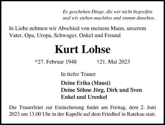 Traueranzeige von Kurt Lohse von Lübecker Nachrichten