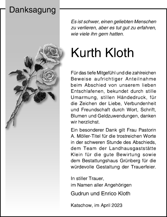 Traueranzeige von Kurth Kloth von Ostsee-Zeitung GmbH