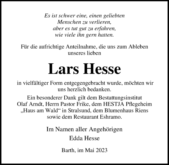 Traueranzeige von Lars Hesse von Ostsee-Zeitung GmbH
