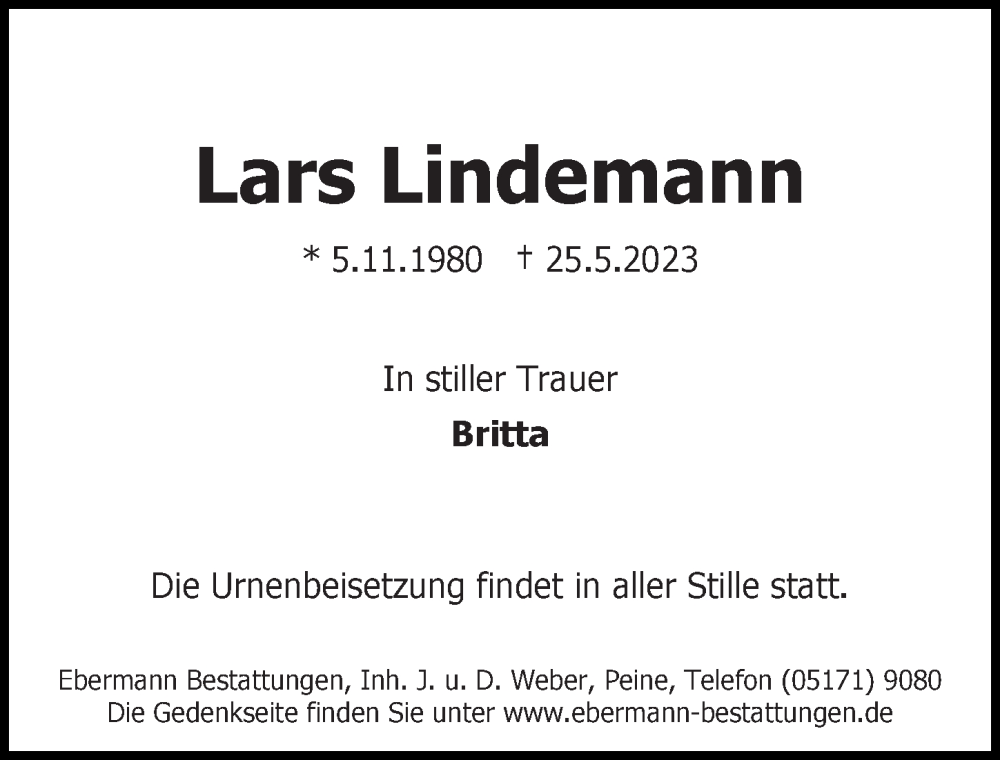 Traueranzeige für Lars Lindemann vom 31.05.2023 aus Peiner Allgemeine Zeitung