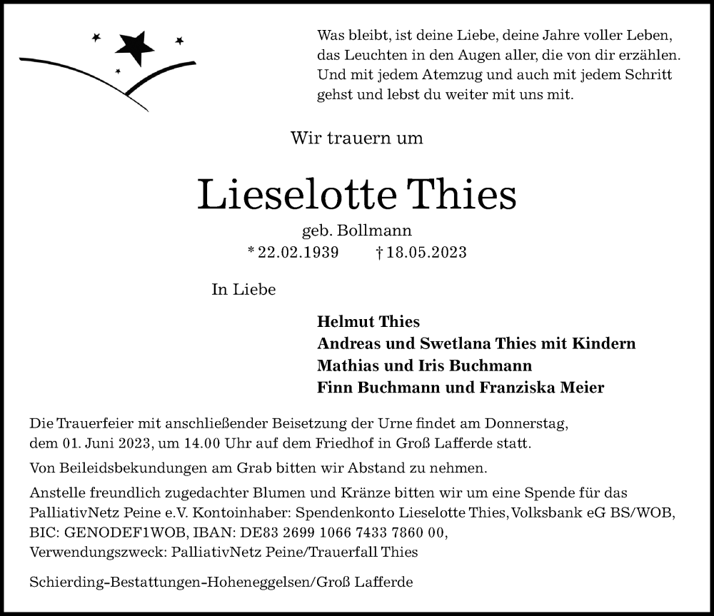  Traueranzeige für Lieselotte Thies vom 24.05.2023 aus Peiner Allgemeine Zeitung
