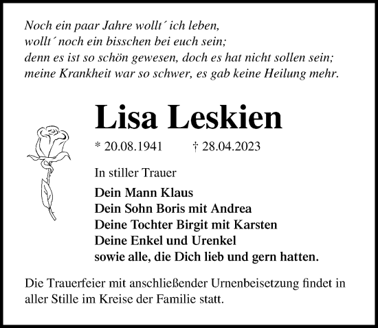Traueranzeige von Lisa Leskien von Ostsee-Zeitung GmbH