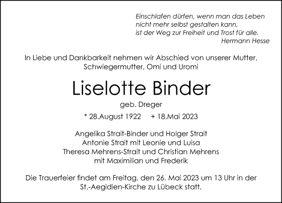 Traueranzeige von Liselotte Binder von Lübecker Nachrichten