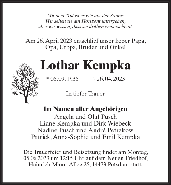 Traueranzeige von Lothar Kempka von Märkischen Allgemeine Zeitung