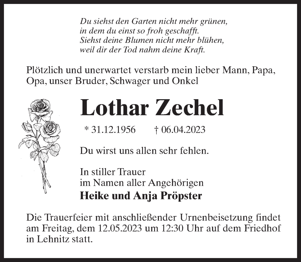  Traueranzeige für Lothar Zechel vom 06.05.2023 aus Märkischen Allgemeine Zeitung