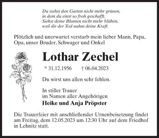 Traueranzeige von Lothar Zechel von Märkischen Allgemeine Zeitung